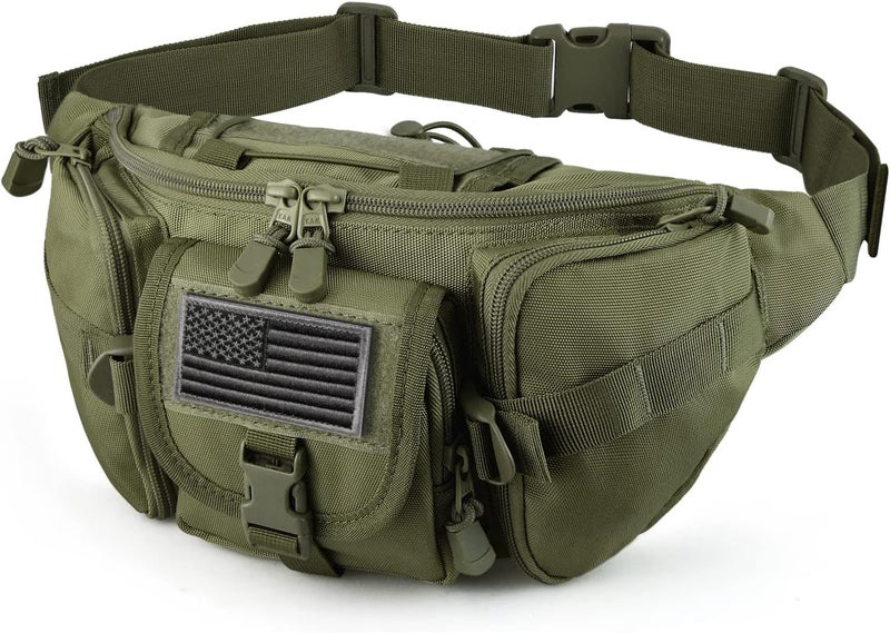 SOWHUP Tactical Fanny Pack,Military Waist Bag Pack with U.S Patch Utility Hip Belt Bumbag for Outdoor Fishing Hiking (Army Green(5 Zipper Pockets)) - Image 1